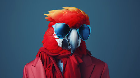 a vibrant red parrot wearing sunglasses, a scarf, and a striped red jacket stands against a blue background. this meticulously detailed photograph captures the essence of futuristic glam and kimoicore style. the fluid photography technique and minimalistic portrait composition highlight the intricate character design and detailed costumes of the parrot. ai generatedの素材