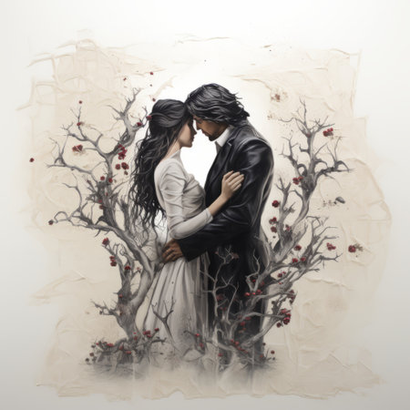 a couple embraces passionately, their bodies entwined against a tree, reminiscent of gothic illustrations. delicate brushstrokes bring to life this epic fantasy scene, with lifelike renderings capturing every detail. the contrasting colors of dark white and light red create an antebellum gothic ambiance, as if the tree itself is made of twisting vines. ai generatedの素材