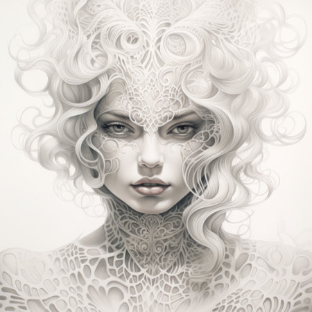 a digitally rendered design featuring a woman with large curls on her face, resembling intricate webs. the design showcases highly detailed realism with a light white and silver color palette. it incorporates elements of fantasy creatures and exhibits a soft tonal range. the artwork also highlights intricate body-painting and a juxtaposition of hard and soft lines. ai generatedの素材