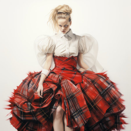 the photo showcases a girl wearing a red and white outfit, inspired by modern and contemporary fashion design. the vibrant colors and flowing fabrics create a visually striking image. the backdrop of scottish landscapes adds a touch of natural beauty to the scene. the girl's attire reflects elements of colorful costumes, mote kei, and clownpunk fashion styles. the overall composition is carefully staged, resulting inの素材