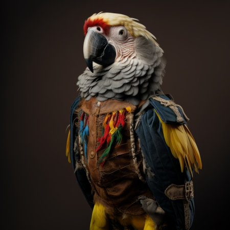 a bald eagle, dressed in a pirate costume inspired by sacha goldberger's style, is captured in this macro photograph. the majestic bird, reminiscent of exotic birds, poses against a backdrop reminiscent of paul cezanne's art. created using recycled materials, the intricate details of the costume are highlighted by the fujifilm x-t4 camera. this stunning image is a digital rendering in maya. ai generatedの素材