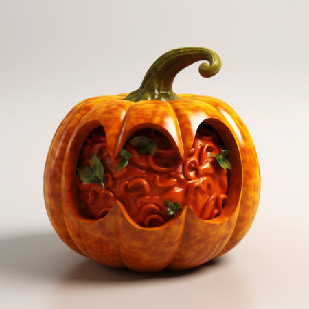 a clay pumpkin with a small hole cut into it, showcasing a photorealistic rendering style. the pumpkin features swirling colors inspired by the works of zbrush, cranberrycore, and victor nizovtsev. this unique creation is made from recycled materials and exudes a surrealistic cartoon-like charm. ai generatedの素材