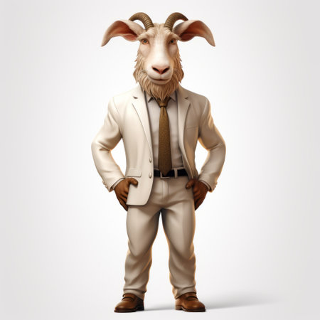 a goat wearing an elegant white suit stands with its head tilted, resembling a photorealistic rendering. this imaginative character brings to mind the animated film pioneer's style, with a touch of photo-realistic hyperbole. the illustration has a caricature-like quality, enhanced by the matte photo finish. iso 200 ensures a clear and detailed image. ai generatedの素材