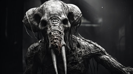 a creepy portrait of a primordial creature with human hands, rendered in the style of unreal engine. this artwork by an artist showcases majestic elephants made of wire, with bold contrast and textural play reminiscent of the game frostpunk. ai generatedの素材