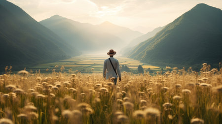 a girl in a t-shirt and pants stands in a field, surrounded by distant mountains. this photo captures the essence of traditional chinese romantic dramatic landscapes, reminiscent of national geographic's stunning visuals. the golden hues add a touch of warmth to the scene, while the 8k 3d quality brings out every detail. it evokes the spirit of joseph beuys' art and showcases elements of traditionalの素材