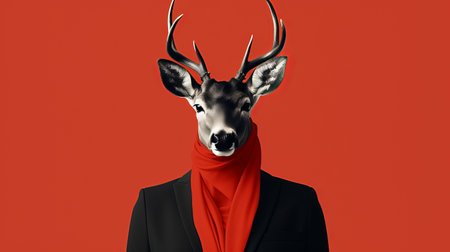 a deer wearing a red scarf and hat stands against a vibrant red background. this hyperrealistic illustration, inspired by fashion-illustration artists aleksandr deyneka and alastair magnaldo, showcases a unique blend of dark gray and red tones. the deer's attire exudes an elegantly formal yet corporate punk aesthetic. ai generatedの素材