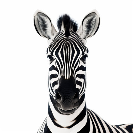 a black and white zebra stands gracefully against a clean white background in this captivating photo. reminiscent of national geographic's style, the high-key lighting accentuates the zebra's striking features. the symmetrical asymmetry adds an artistic touch, while the playful coloration adds a unique charm. captured with a medium format lens, this photo showcases detailed wildlife with photo-realistic techniques. ai generatedの素材