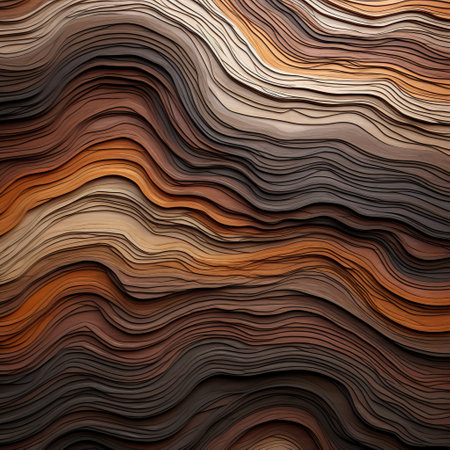 a brown and white wavy wood texture in stock, featuring colorful layered forms in light orange and dark bronze. this unique design incorporates elements of data visualization, paper usage, and colorful woodcarvings. the texture showcases a combination of dark gray and dark bronze tones, creating luminous shadows. ai generatedの素材