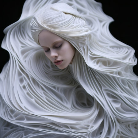 a white paper sculpture of a woman sleeping, her head resting against the wall. this intricate artwork combines elements of futuristic chromatic waves, dark fairy tales, and photorealistic portraits. the wavy resin sheets add a unique texture, while close-up shots capture the intricate details of the sculpture. the artist's use of zbrush brings the woman's costume to life, adding depth and realism to the overallの素材