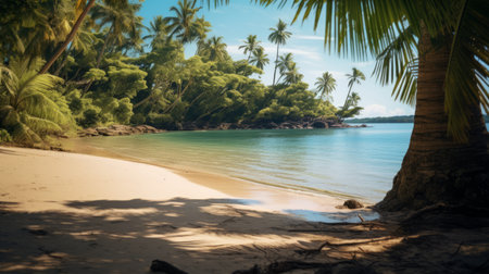 a large tropical island with a tree-lined green beach is captured in this photo. the image showcases a tropical forest with the use of a sabattier filter, resulting in a combination of light gray and dark amber tones. the photograph also incorporates techniques such as focus stacking, vignetting, and a color palette of light azure and brown. despite its low resolution, the image displays fineの素材
