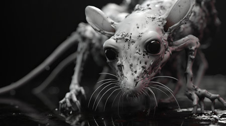 a white mouse with yellow eyes stands out against a black background, surrounded by a vibrant red hue. this zbrush-style photo captures the essence of decadent decay, showcasing intricate details reminiscent of hyper-realistic water. the mouse's skeletal features are beautifully rendered in the unreal engine, creating a captivating and intricate black and white illustration. ai generatedの素材
