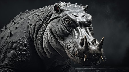 a detailed character illustration of a dark fantasy creature, a hippopotamus, with its head buried in the dirt. created in the style of zbrush, this 32k uhd artwork showcases strong facial expression and high-contrast shading. the illustration combines elements of dragon art, resulting in a captivating and unique image. ai generatedの素材
