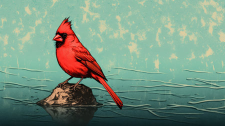 red and white cardinal perched on a rock during a rainstorm. this pop art-inspired illustration showcases elements of realistic surrealism, with calm waters surrounding the scene. the detailed comic book art style and lith printing technique enhance the visual impact. perfect for editorial illustrations. resolution: 3840x2160. ai generatedの素材