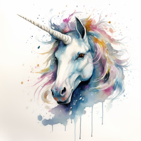 a unicorn with watercolor hair head paint, showcasing a unique blend of realistic and fantastical elements. the artwork by wlad safronow features a mesmerizing paint dripping technique and spray painted realism. the image captures the enchanting beauty of supernatural creatures, with faded palates and elegant, emotive faces. ai generatedの素材