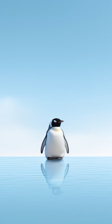 a penguin stands on a blue background with a wavy gradient, captured using a wide-angle lens and rendered in the style of vray tracing. the realistic blue skies and simplified poolcore create a hyper-realistic water effect, making the image visually striking and captivating. ai generatedの素材