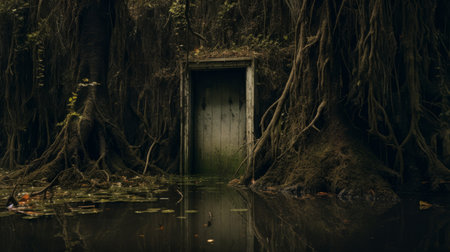 the photo captures a secret door hidden within a swamp, exuding an ominous vibe. its haunting composition evokes an urban fairy tale, inviting viewers to explore the depths of urban culture. influenced by robert john thornton's artistry and zen buddhism, this image embodies the essence of cabincore aesthetics. ai generatedの素材