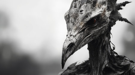 an old bird with heavy feathers and head, resembling a dystopian landscape, made of liquid metal. this close-up shot captures the burned and charred details, creating an eerily realistic depiction. this sketchfab artwork showcases the fusion of documentary travel photography with a unique and captivating style. ai generatedの素材