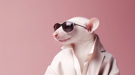 a white mouse wearing a clothing shirt and glasses poses for a fashion photography-style shoot. the image features ray tracing effects, with a color palette of dark pink and light beige. this artistic portrayal draws inspiration from the works of arman manookian, posuka demizu, and petrina hicks, known for their unique depictions of characterized animals. ai generatedの素材