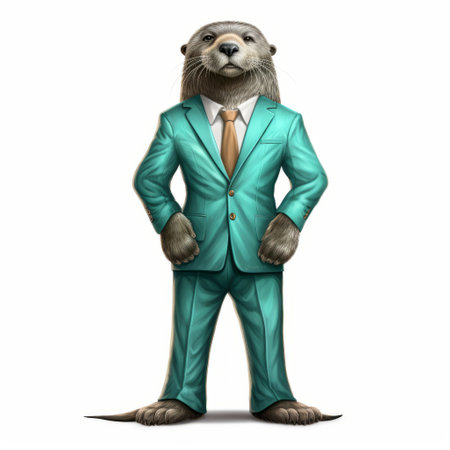 a cute otter in a business suit, portrayed in a realistic yet imaginative style. the otter is depicted with light turquoise and light bronze colors, creating a vibrant and eye-catching appearance. this hyperrealistic wildlife portrait showcases the unique concept of corporate punk, combining wildlife and business elements. the artwork is of high resolution, perfect for wildlife muralism. ai generatedの素材