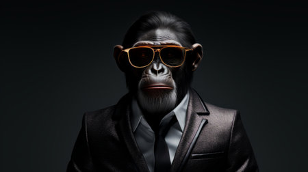 a stylish monkey wearing glasses and a business suit, showcasing a unique blend of rap aesthetics. the image features solarization effects, dark reflections, and a high-definition resolution. the monkey's attire is a combination of dark brown and orange, creating a monochromatic mastery. this quirky and eye-catching photo embodies the concept of "kombuchapunk.", ai generatedの素材