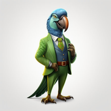 a parrot in a green suit is depicted in this hyper-detailed and realistic rendering. the character showcases dark azure and sky-blue colors, resembling caricature-like illustrations. this artwork is reminiscent of the animated film pioneer, keos masons, and the unique style of frogcore. it would be a perfect fit for 2d game art. ai generatedの素材