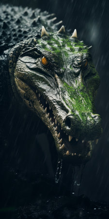 a male creature braving the rain, captured in a hyperrealistic wildlife portrait style using cinema4d. the dynamic and exaggerated facial expressions of this dinocore character add a touch of intrigue. the green academia background enhances the photorealistic rendering, while the figura serpentinata pose adds a sense of movement and grace. ai generatedの素材