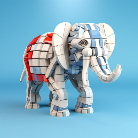 a block elephant sculpture created with white bricks and blue pieces, showcasing a realistic yet stylized design. the sculpture features light red and azure color schemes, rendered with vray technology. it incorporates electric color schemes and intricate mechanical designs, with a strong emphasis on character design and historical illustration. ai generatedの素材