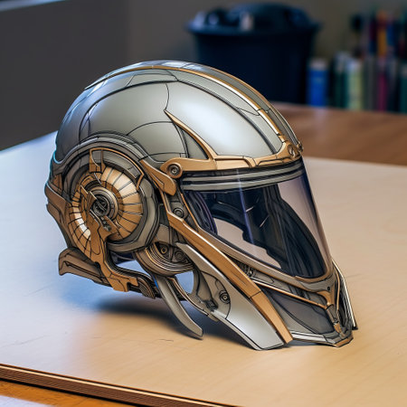 3d printed star trek series helmet with anamorphic art style. light brown and silver colors give it a mecha anime vibe. the line drawing style adds a unique touch, while the light gray and dark gold accents enhance its visual appeal. made using insects as materials, this helmet is a stunning creation captured with a nikon d850. ai generatedの素材