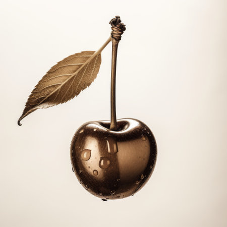 a small brown apple with a leaf, resembling liquid metal, is captured in this bauhaus-style photograph. the image incorporates elements of cherry blossoms, inspired by the works of eduard gaertner. the bronze-like appearance adds a conceptual touch to this monochromatic color scheme composition. ai generatedの素材