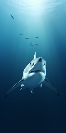 a shark swims gracefully in the deep blue water, illuminated by the vibrant sunlight. this digital artwork, created in the style of zbrush, showcases a combination of dark gray and white tones. the artist, romaine brooks, captures the shark's strong facial expression and emphasizes the sharp perspective angles. the low resolution adds a unique touch to this captivating piece by martin rak. ai generatedの素材