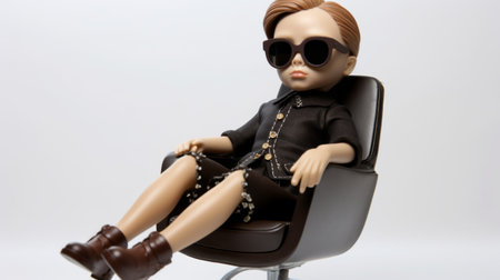 a boy with long hair in sunglasses sits in a chair, showcasing a realistic lifelike figure. the dolly kei style is evident in his dark brown, glamorous appearance. made of plastic, this frenchy-inspired figure captivates with a close-up view. ai generatedの素材