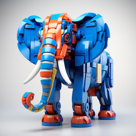 blue elephant standing tall in the style of modular constructivism, with a low depth of field. the vibrant combination of orange and blue creates a striking visual contrast. this unique artwork showcases elements of dieselpunk and ps1 graphics, enhanced by the use of ray tracing and bright colors. ai generatedの素材