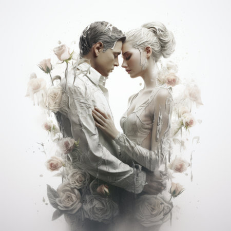 two people, in a futuristic victorian setting, hold hands adorned with flowers. this photorealistic portrait captures the essence of romance and drama. the glimmering details, created using zbrush, add a rich and immersive touch to the scene. the whitewashed narratives come to life in this captivating image. ai generatedの素材
