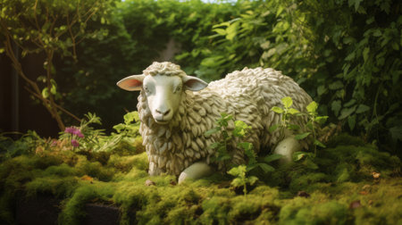 a white statue of a sheep sits in the mud, surrounded by highly detailed foliage in a tranquil gardenscape. this stunning sculpture, reminiscent of the works of bill gekas, e.h. shepard, and amanda clark, was commissioned for a special project. the 32k uhd resolution captures every intricate detail of this beautiful artwork. ai generatedの素材