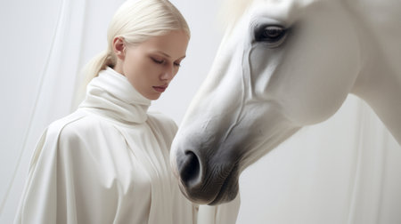 a woman in white stands gracefully beside a white horse, creating a striking neo-plasticist composition. the smooth and shiny aesthetic of this soft-focus portrait exudes a subdued minimalism. the image embodies elements of barbiecore with its monochromatic layers, while also alluding to mythological references. ai generatedの素材