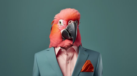a parrot in a suit, captured in a modernism-inspired portraiture style, stands out with its photobashing technique. the vibrant colors of dark pink and light indigo add a unique touch to this realistic depiction of everyday life. this artwork showcases the artist's talent for creating detailed and lifelike animal portraits, while also incorporating elements of pop culture mash-up and colorful costumes. ai generatedの素材