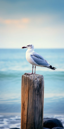 white bird perched on a white wooden post, showcasing the ocean academia style with unconventional poses. the image features a combination of dark teal and light red hues, set against calm waters. the bird exudes a dignified pose, while the clear edge definition and colorization enhance the overall visual impact. ai generatedの素材
