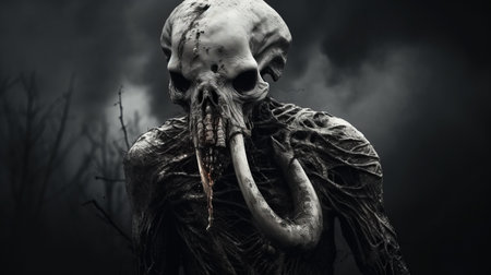 a troll skull, resembling a dreadfully real dummy, is showcased on a dark background. this captivating photo, in the style of an apocalypse landscape, is created using daz3d and features a cobra-like appearance. the skull, made of intertwining vines, presents a dark and gritty subject matter, making it a perfect addition to captivating documentary photos. ai generatedの素材