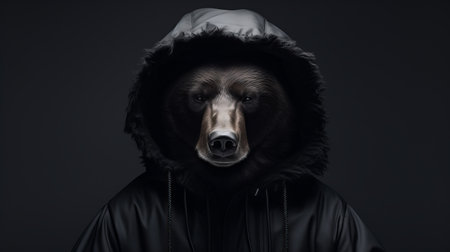 a grey hooded bear, resembling a wolf, is captured in a portrait. the bear's black fur contrasts with the dark brown background, creating a striking image. this photograph, taken in the style of artists like mike campau, martin creed, and ray collins, showcases the beauty of environmental portraiture. shot with a fujifilm x-t4, the image captures the realistic details of the bear's features. ai generatedの素材