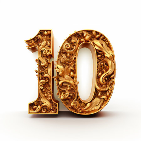 a gold ornate number 10 with intricate carvings, showcasing a realistic usage of light and color. this surrealistic symbol is an inspiration, created using cryengine technology. the design incorporates elements of batik and precisionist art, with a stunning combination of white and bronze tones. ai generatedの素材
