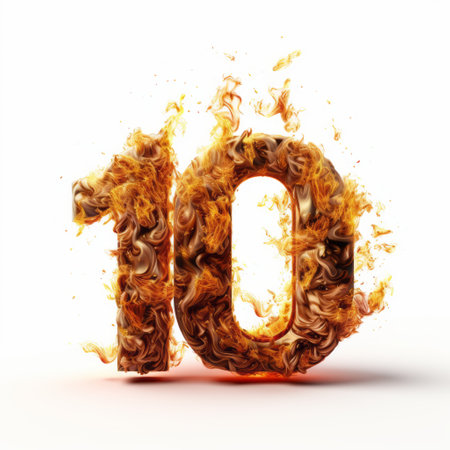 a stock photo featuring a fire 10 with flames on a white background. the photo is in the style of superimposed text, showcasing numerical complexity. it is a high-quality image with explosive pigmentation in shades of orange and brown. the flames create a punctuated caricature, resulting in a dramatic visual impact. ai generatedの素材