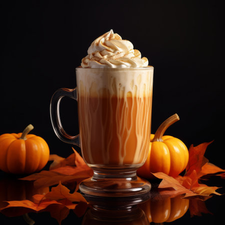 a black hd photography image featuring a halloween-themed apple creme latte. the image showcases a blend of amber, light brown, and light amber tones, creating a captivating visual. the composition includes creased elements, reminiscent of the artistic styles of hale woodruff and michael malm, highlighting traditional craftsmanship. ai generatedの素材