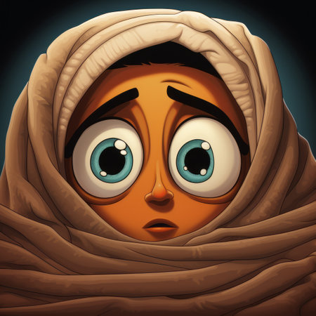 a girl wearing scarves looks directly at the camera in this intense and emotion-filled cartoon image. the style of the artwork is reminiscent of the brothers hildebrandt, with subtle gradients and tangled nests of scarves. the orientalist influence is evident in the exaggerated expressions and the image is packed with hidden details to discover. ai generatedの素材