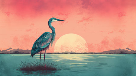 a bird standing in the water on the beach during a beautiful sunset. this hyper-detailed illustration captures the essence of retro pop art with its dark sky-blue and gray color palette. the hyper-realistic animal illustration of the bird contrasts beautifully with the pastel-colored landscape. the light crimson and teal hues add a touch of exoticism to the overall scene. ai generatedの素材