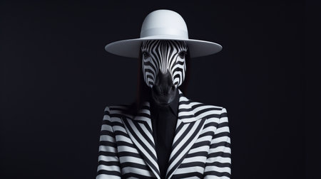 a woman is seen in this photo wearing a white jacket, green hat, and zebra print pants. the style of the image is rendered in cinema4d, inspired by gareth pugh's black and white imagery. the woman's outfit is characterized by animal prints, while the background features illusory wallpaper portraits. this photo captures the artistic influences of cody ellingham and sebastian errazuriz. ai generatedの素材