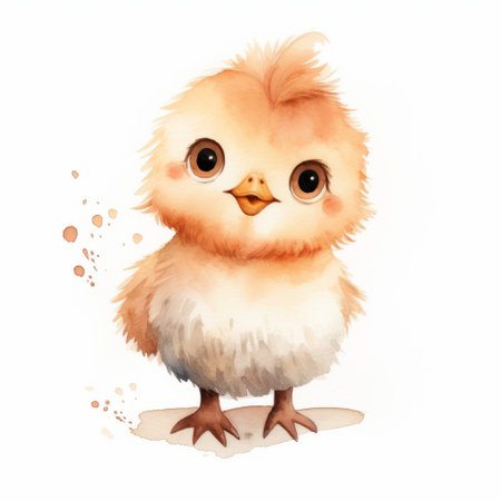 a watercolor chicken illustration and hand-painted watercolor bird featuring cartoonish character design. the artwork showcases light white and light orange tones, with anime-inspired character designs. the realistic animal portraits are brought to life through inventive character designs and small brushstrokes, creating a captivating illustration. ai generatedの素材
