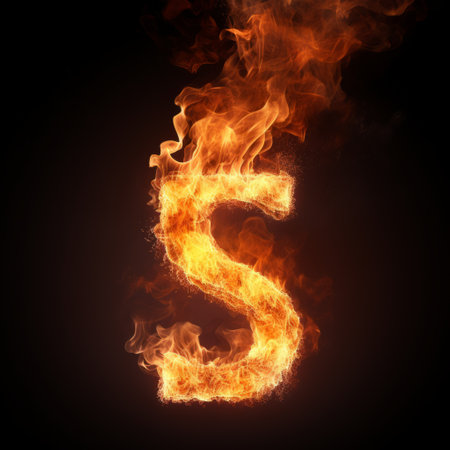 a photo of the word "s" is depicted in this image, set ablaze amidst a dark backdrop. the composition is reminiscent of money-themed artwork by berndnaut smilde and joel robison, evoking a sense of historical significance. the intense and enigmatic characters portrayed in the image are reminiscent of the style of james nares. ai generatedの素材
