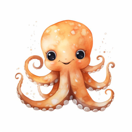 a cute octopus with big eyes and teeth, depicted in a delicate watercolor style. the realistic yet stylized image showcases the octopus in light orange and dark amber hues against a white background. this uhd image captures the powerful symbolism and dreamlike quality of the octopus. ai generatedの素材