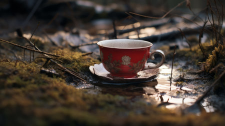 a red cup with moss sits in the middle of a river, evoking a sense of nostalgic nostalgia. this naturalistic depiction of flora and fauna showcases the beauty of the surroundings. captured with the tokina opera 50mm f14 ff lens, the porcelain cup stands out against the renaissance-inspired chiaroscuro lighting. this image draws inspiration from the danish golden age and the forestpunk aesthetic. ai generatedの素材
