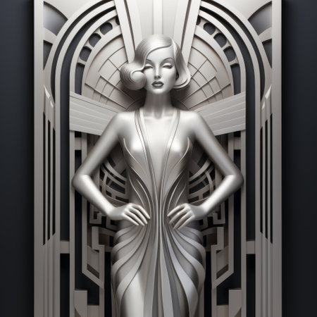 a sculpture in the art deco style featuring a realistic hyper-detailed rendering. this retro hollywood glamour piece showcases a captivating blend of dark white and light silver tones. the mind-bending murals by oleksandr bogomazov add an intriguing touch to the overall design. this uhd image emphasizes the exceptional character design of the sculpture. ai generatedの素材